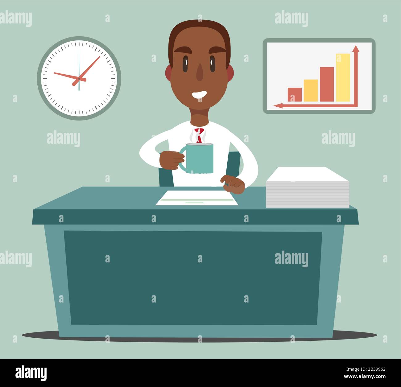 Business man Unternehmer, der an seinem sauberen und schlanken Büroschreibtisch arbeitet. Stock Vektor