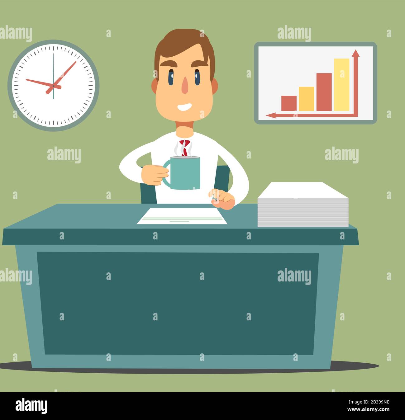 Business man Unternehmer, der an seinem sauberen und schlanken Büroschreibtisch arbeitet. Stock Vektor