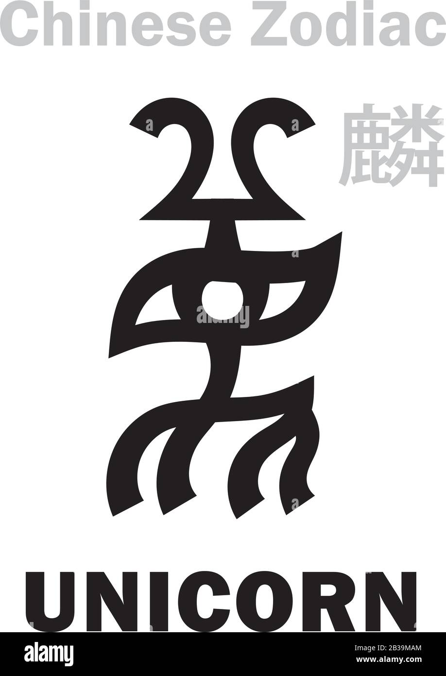 Astrologie-Alphabet: Unicorn [麟]-Zeichen des chinesischen Tierkreises. Qilin/Kylin, das fünfte Legendäre wohlwollende Tier, Guardian of Midst und Sovereign of Centre. Stock Vektor