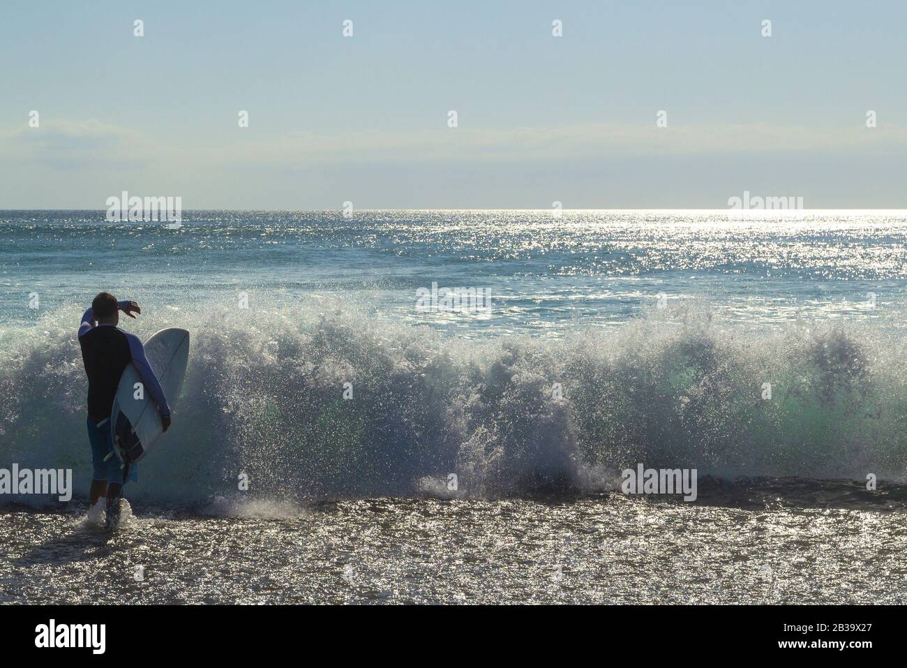 Männlicher Surfer, der mit seinem Board ins Meer eindringt.bereit für einen tollen Surftag. Stockfoto