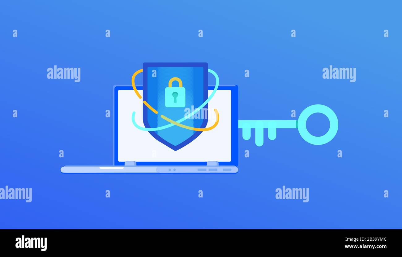 Schutz von Daten und Informationen auf dem Computer. Laptop mit Schutzschild, Schloss und Cyber Key auf blauem Hintergrund. Online-Sicherheitskonzept. Cyber-Angriff Stock Vektor