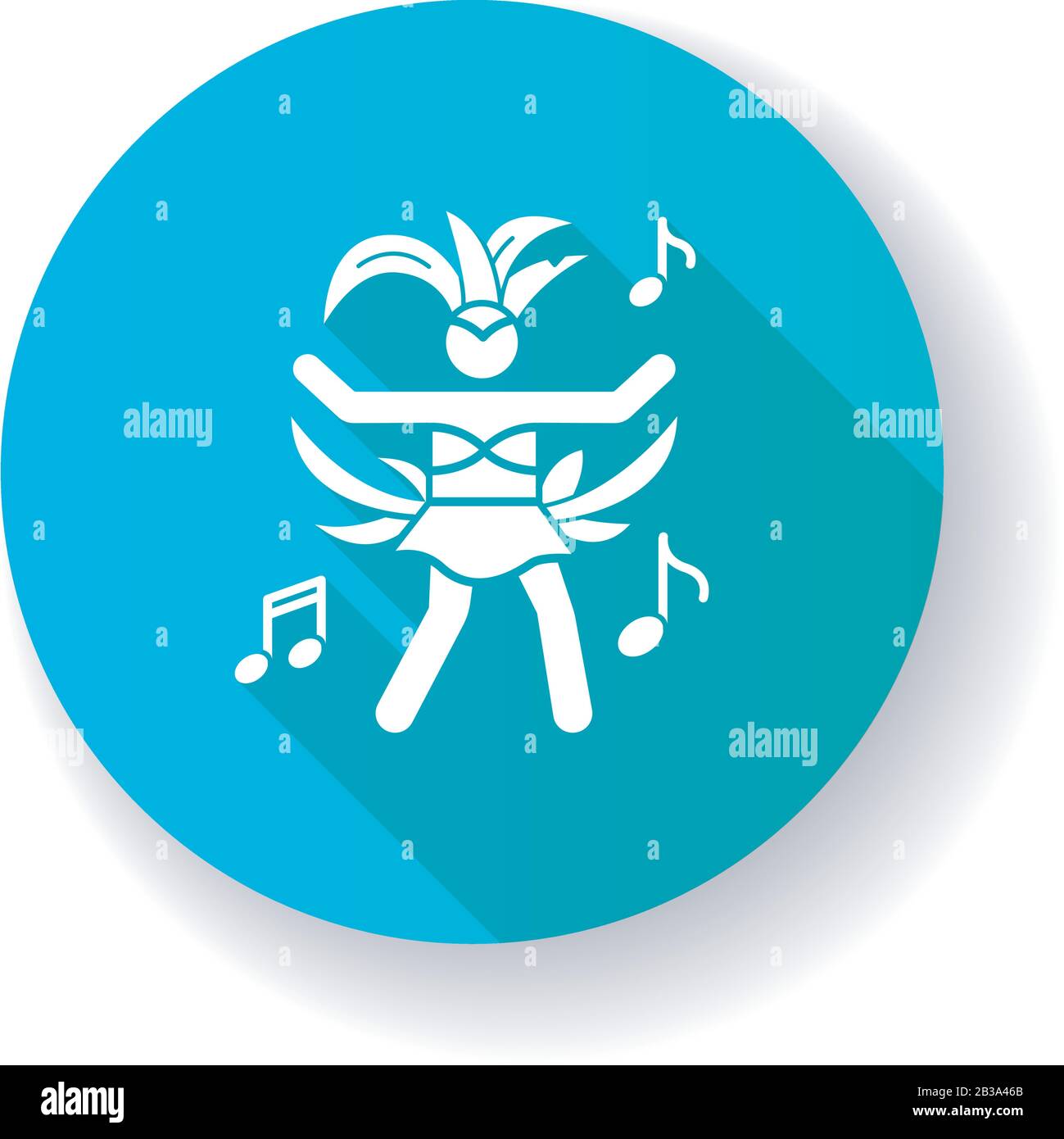 Tanzende Dame blau flaches Design langer Schatten Glyphe Symbol. Samba. Damen Karneval Kostüm. Karneval in Brasilien. Volksfest. Nationalfeiertag Stock Vektor