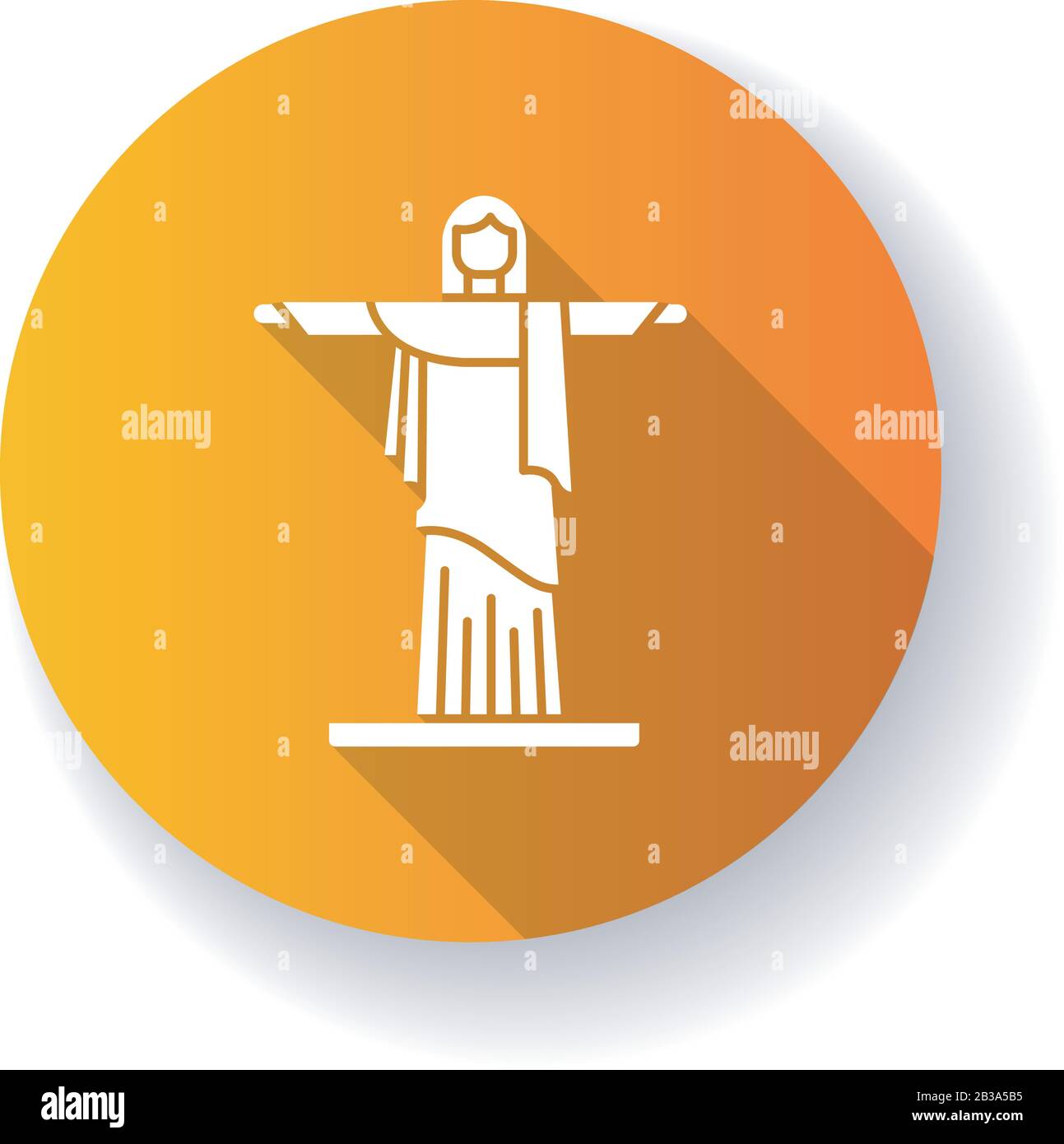 Christus der Erlöser orange flache Design lange Schatten Glyphe Symbol. Brasilianische Skulptur. Cristo Redentor. Statue von Rio de Janeiro. Berühmtes Wahrzeichen. Brasilien Stock Vektor