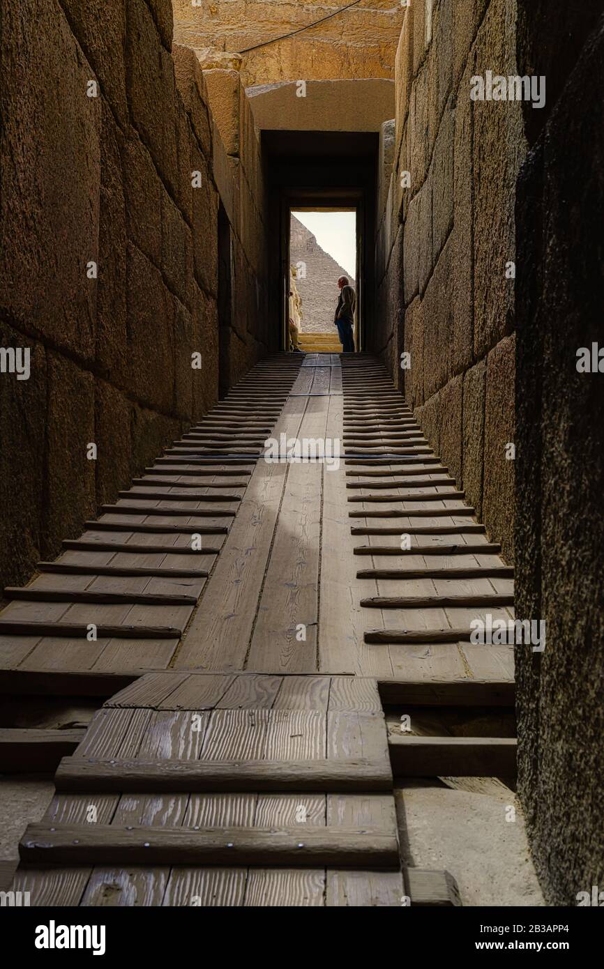 Der Taltempel vor der Sphinx, Teil des Khafre-Pyramidenkomplexes, ist der einzigartigsten und vollständigste Taltempel Ägyptens. Stockfoto