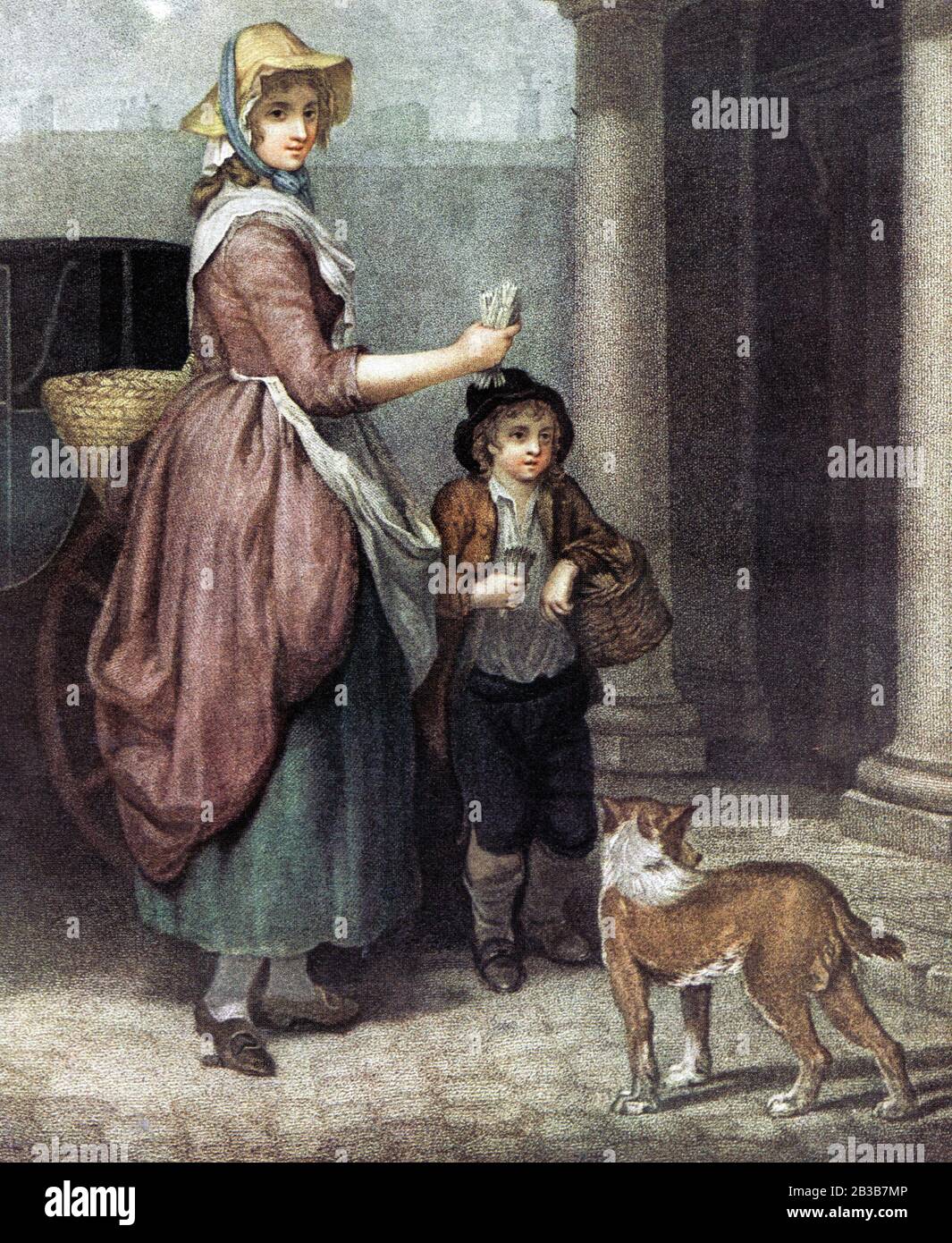 Match (luzifer) Verkäufer im Jahr 17993. Einer der vielen englischen Straßenhändler aus dem 18. Jahrhundert - EINE Mutter und ein Sohn, die Streichhölzer von Tür zu Tür Verkaufen, wurden als schwierig angesehen, an Hausbesitzer zu verkaufen, so dass Frauen und Kinder oft beschäftigt waren, da sie tendenziell mehr Sympathie von potenziellen Käufern bekamen. Matches wurden manchmal als "fuzees", deutsche "Binder" oder einfach "lights" bezeichnet und auch auf Messen, vom Stall, auf Bootslandungen und in Gasthäusern und Tavernen verkauft. Stockfoto