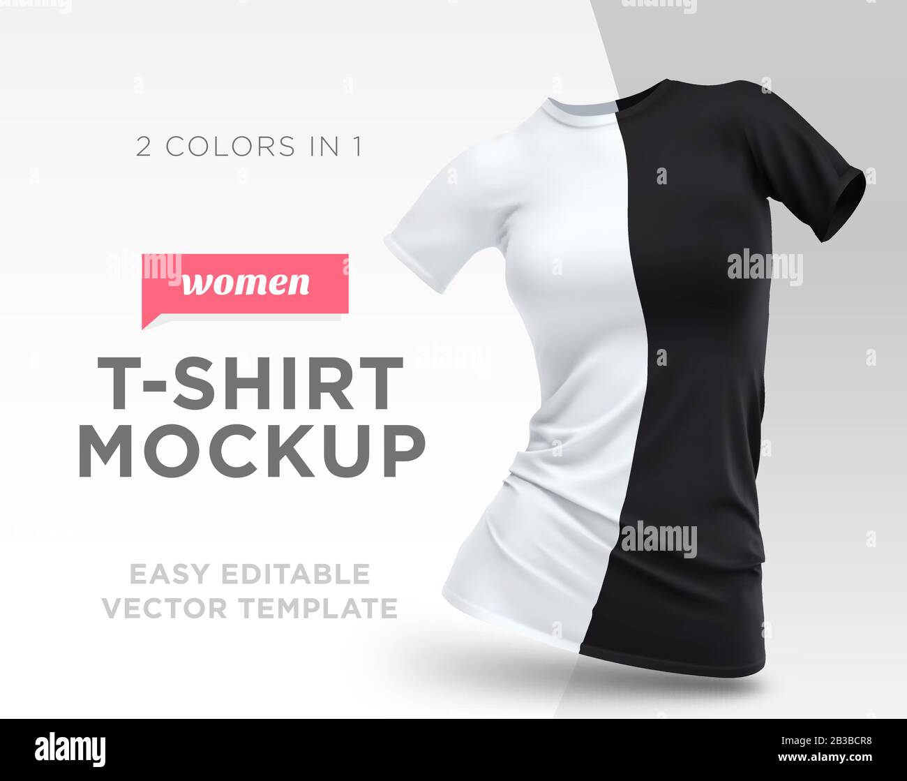 Realistische Vorlage Leere weiße und schwarze Frauen T-Shirt Baumwolle Bekleidung. Leere Mock-up-Abbildung Stock Vektor