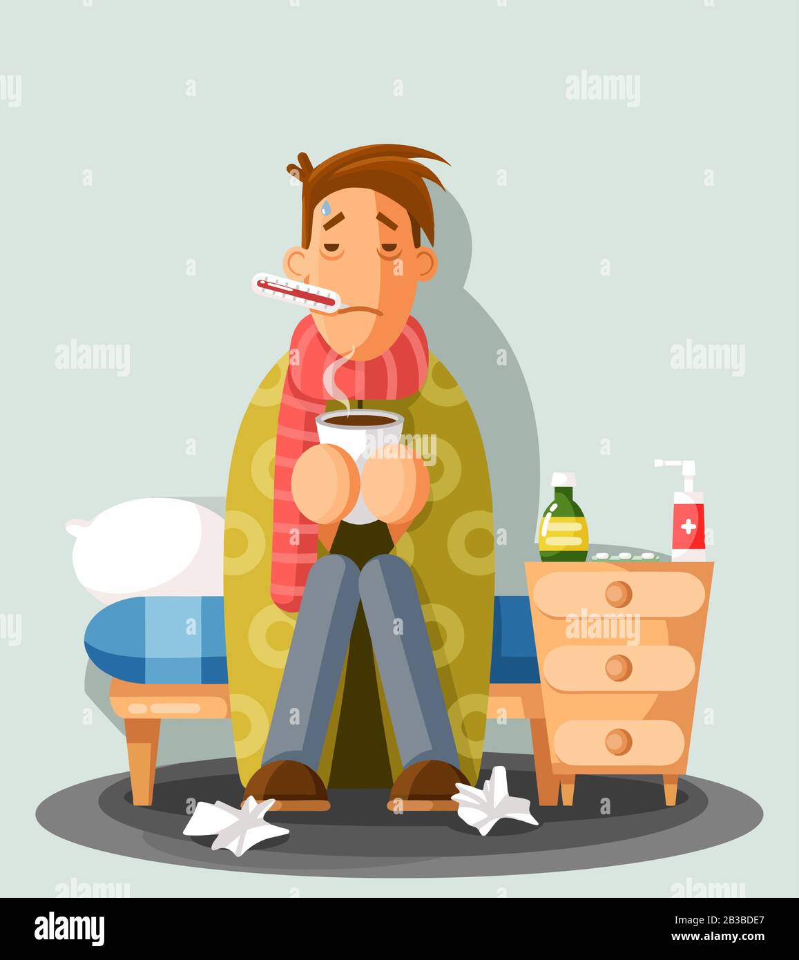 Junger Mann, der eine kalte, eine Tasse haltende Illustration im Cartoon-Stil hat. Ein Kerl in rotem Schal mit Thermometer im Mund Stock Vektor