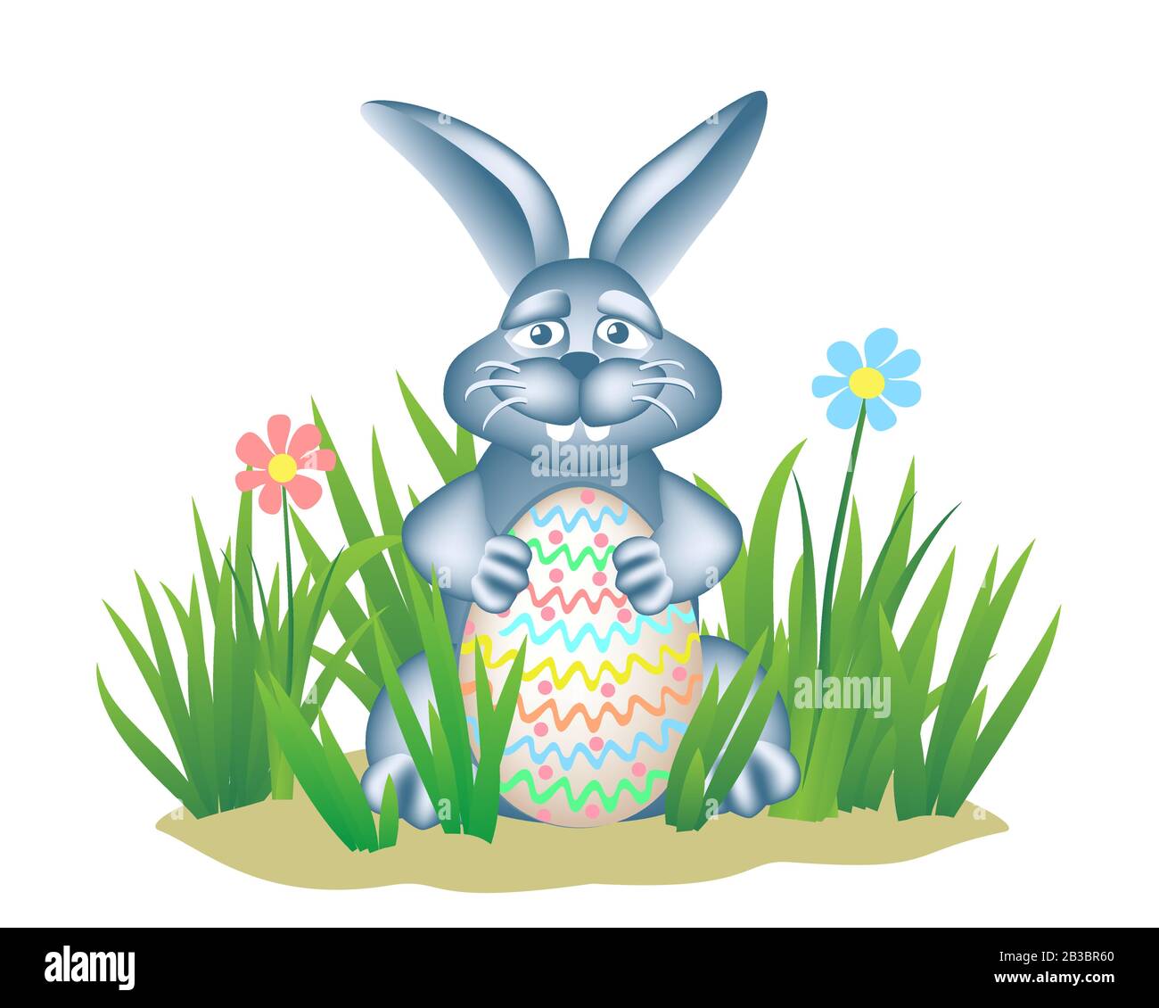 Easter Egg Hunt Thema. Glücklicher Hase im Gras hält bemaltes Ei. Stock Vektor