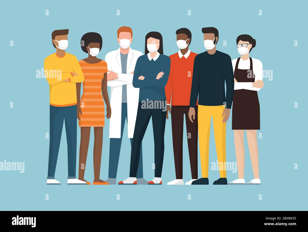 Gruppe von Menschen, die chirurgische Masken tragen und zusammen stehen, Konzept der Vorbeugungs- und Sicherheitsverfahren Coronavirus Covid-20119 Stock Vektor