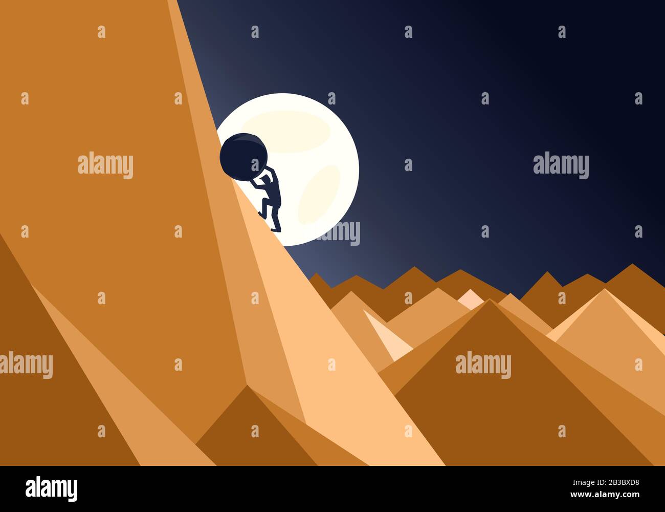 Sisyphus Geschäftskonzept eines Mannes, der in einer unmöglichen Aufgabe, Entschlossenheit und Ausdauer zu zeigen, einen riesigen Felsen auf einen Berg hochtreibt Stock Vektor