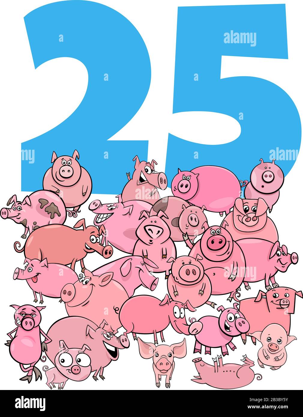 Cartoon Illustration von Nummer Fünfundzwanzig mit Lustigen Schweinen Animal Characters Group Stock Vektor