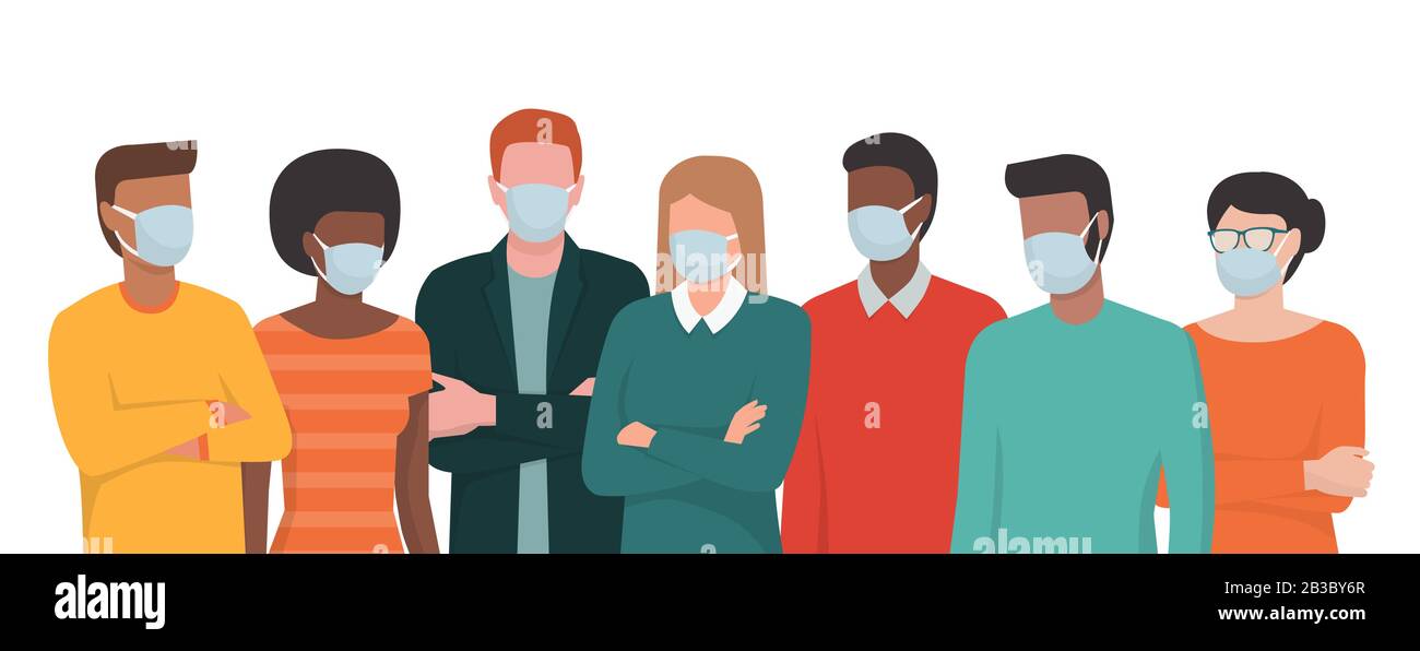 Gruppe von Menschen, die chirurgische Masken tragen und zusammen stehen, Konzept für Prävention und Sicherheitsverfahren Stock Vektor