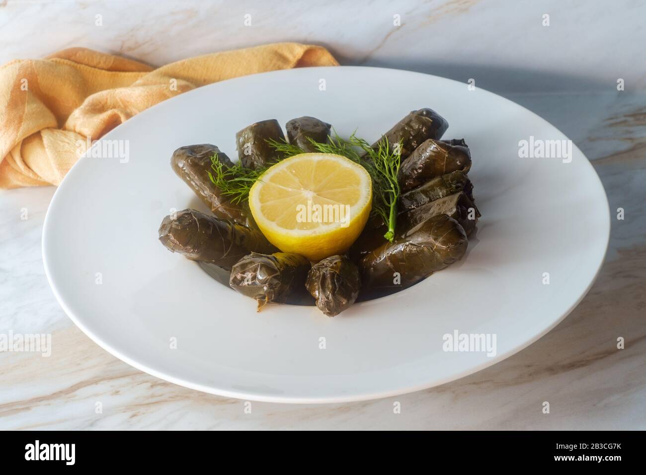 Armenische Yaprak-Dolma, gefüllte Traubenblätter, garniert mit Zitrone und frischem Dill Stockfoto