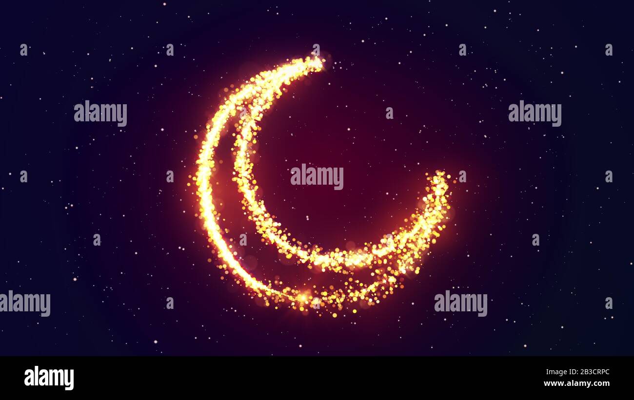 Leuchtende Goldpartikel, die eine Mondsichel bilden, bilden das Symbol Ramadan hilal Stockfoto