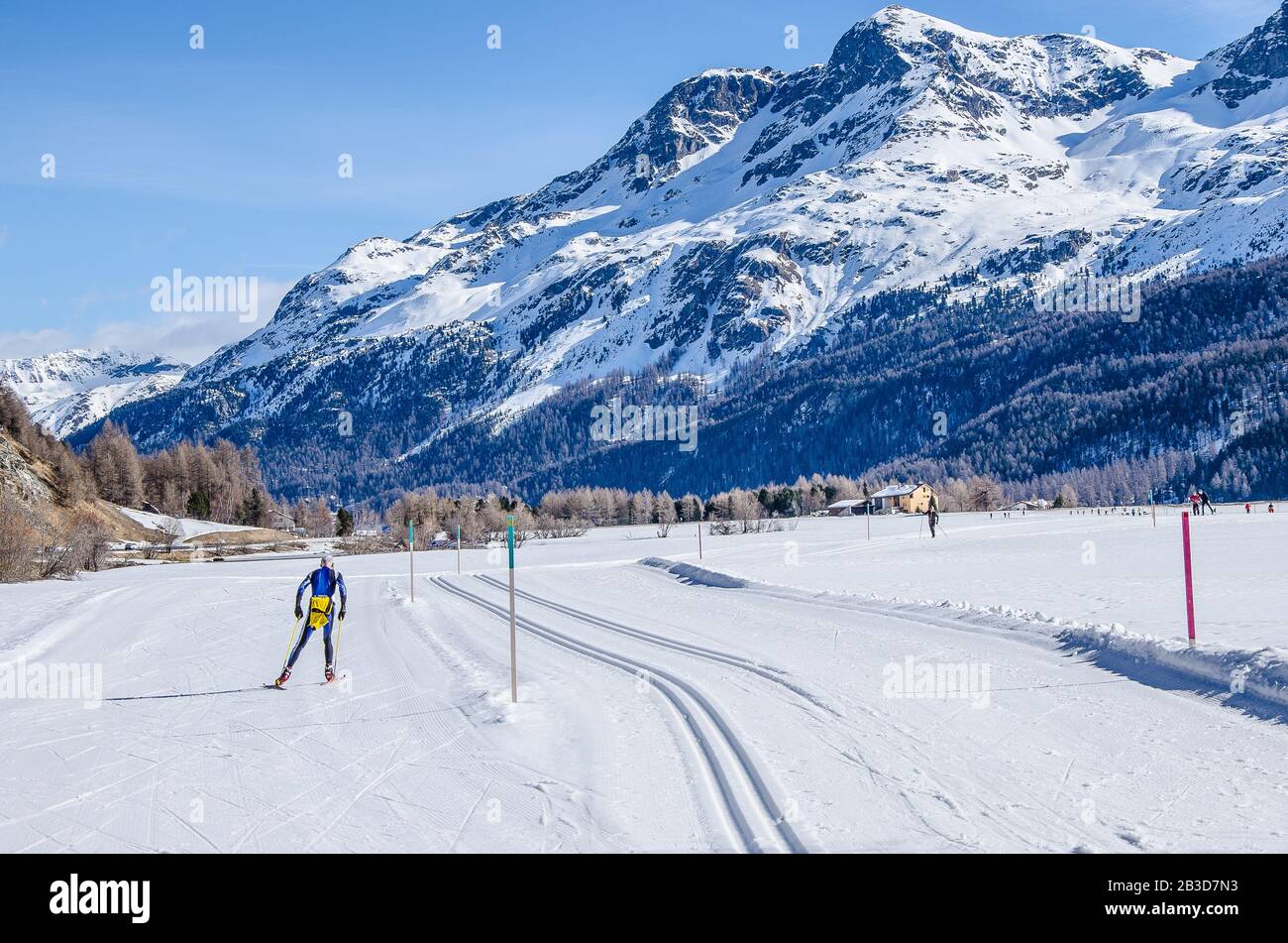 Ob bei 13.000 Wettbewerbern beim Engadin Ski Marathon oder auf den Hügeln des Juras, Engadin Loipen bieten jedem Geschmack. Stockfoto