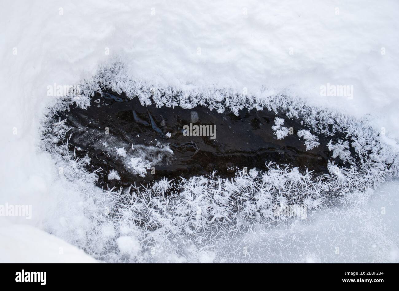 Eiskristalle im gefrorenen Wasser eines Bergbaches sehen aus wie zarte Spitzen Stockfoto