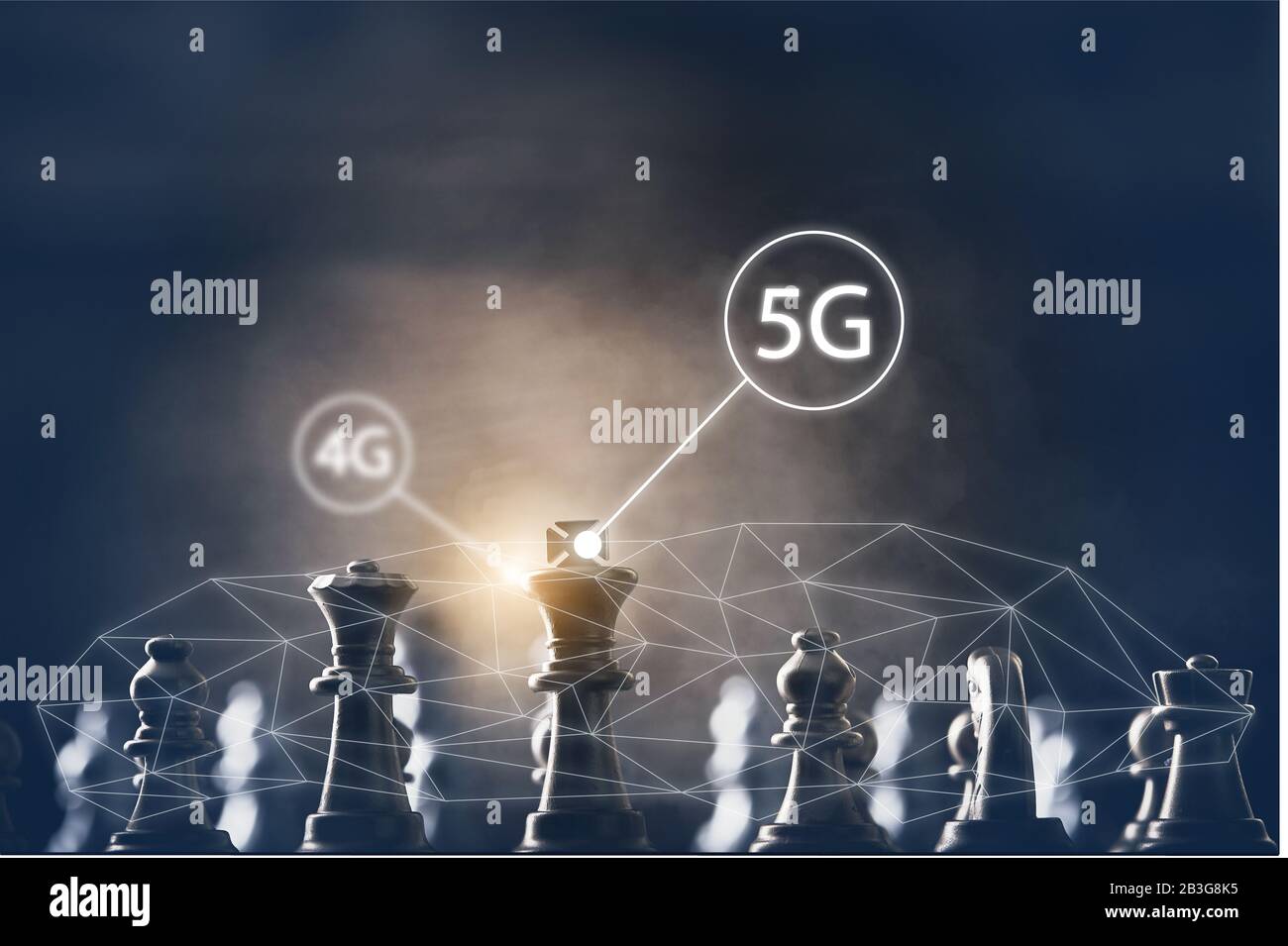 Übertragung von 4g auf 5g Konzeptänderung der Internet-Verbindungstechnik. Schachspiel-Wettkampfkonzept Stockfoto