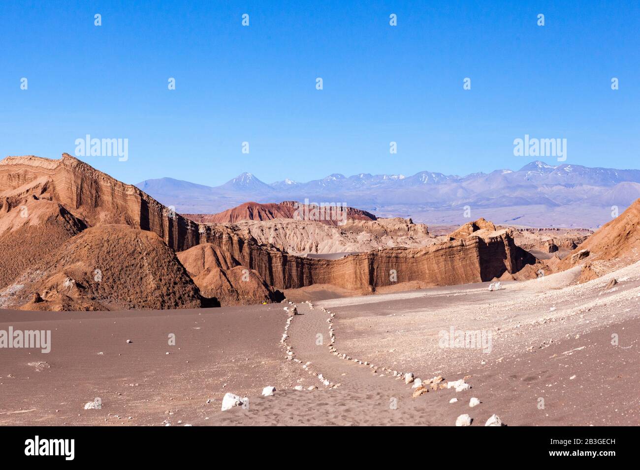 Ein von Steinreihen gekennzeichneter Weg führt Besucher sicher durch die Texturen der Atacama-Wüste, Chile, arid, unbezeihlich und gefährlich. Stockfoto