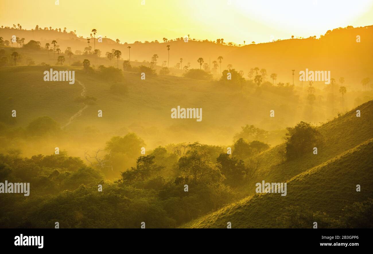 Blick am frühen Morgen auf die Insel Rinca (Komodo-Nationalpark), Rinca, Molukken, indonesische Maluku, Gewürzinseln, indonesische Inseln, malaiischer Archipel Stockfoto