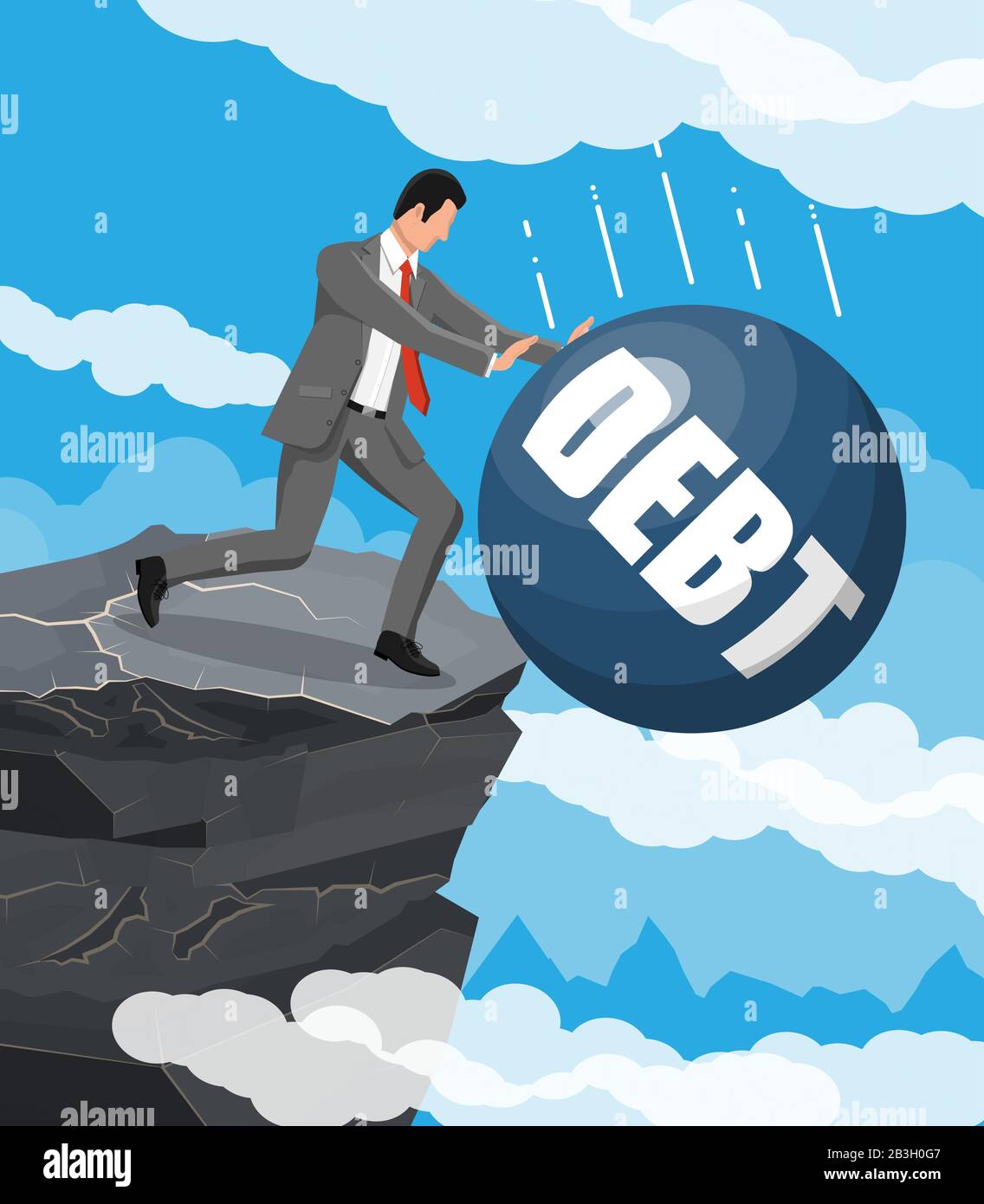 Geschäftsmann treibt Schuldengewicht aus dem Berg. Stock Vektor