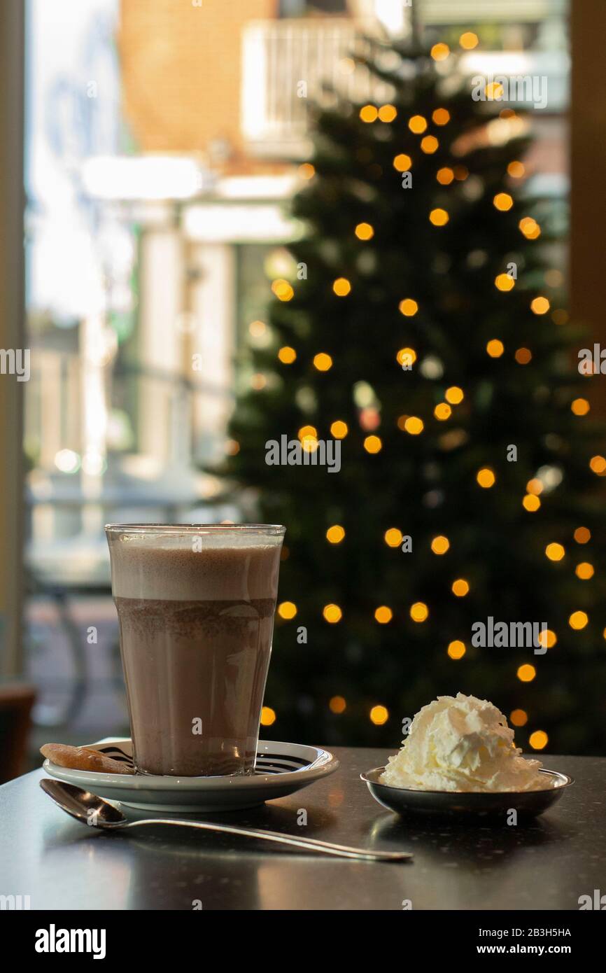 Heiße Schokolade vor dem Weihnachtsbaum Stockfoto