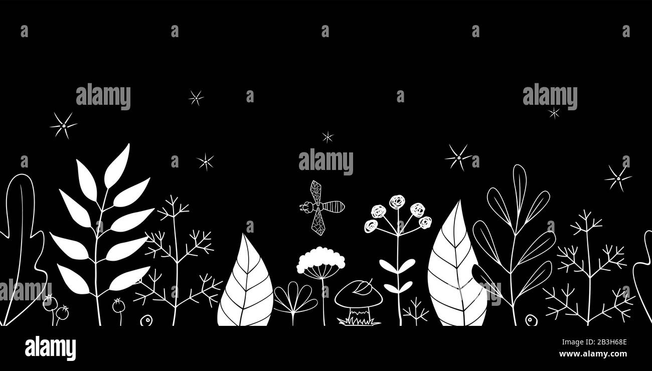 Vektor Handgezeichnete, Nahtlose Blumenumrandung von Blättern, Pflanzen und Blumen Mit einem Mushroom und einer Biene. Horizontales Nahtloses weißes Natürliches Konturmuster ein Stock Vektor