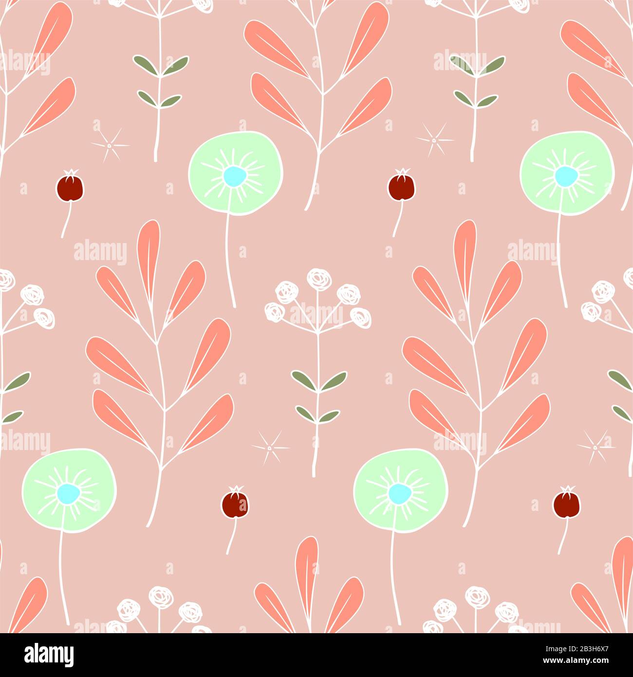 Nahtloses Blumenmuster. Handgezeichnetes Muster Verschiedener Pflanzen, Blumen und Beeren Mit WEISSEM Umriss Auf PINKEM Hintergrund. Stock Vektor