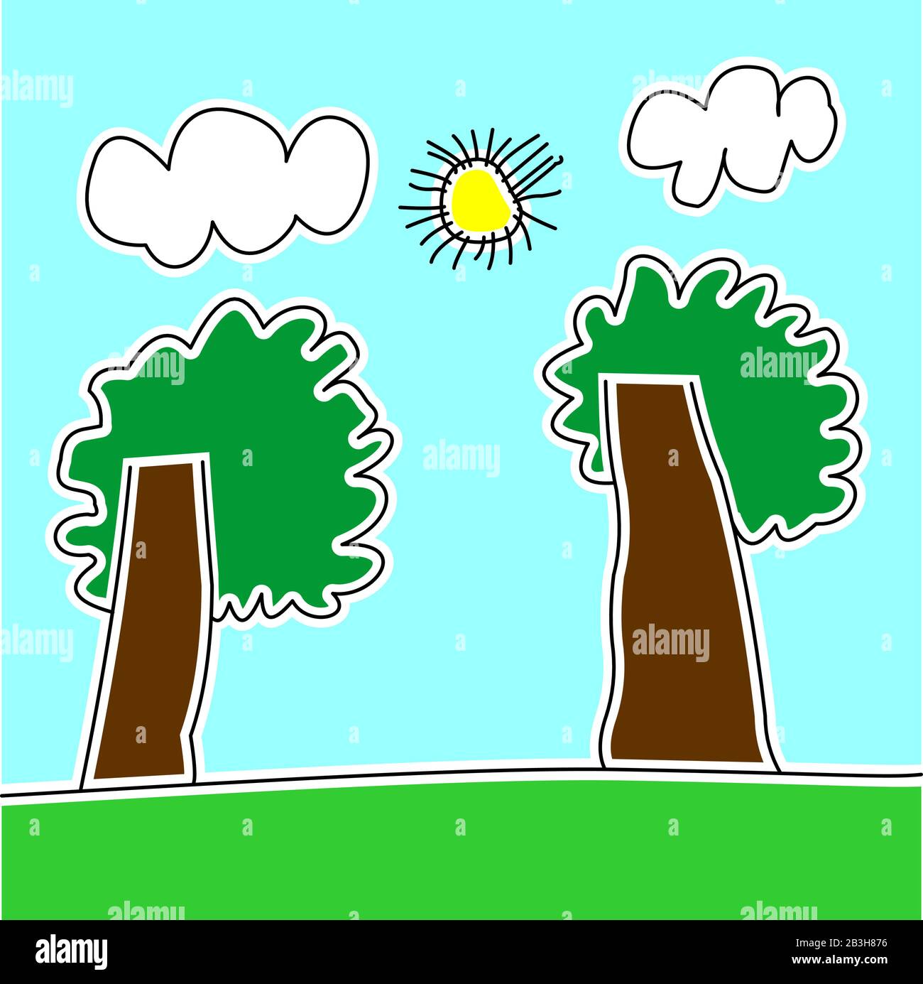 Vektorzeichnung im Kinderstil. Bäume in einer Lichtung, Wolken und die Sonne mit Strahlen. Stock Vektor