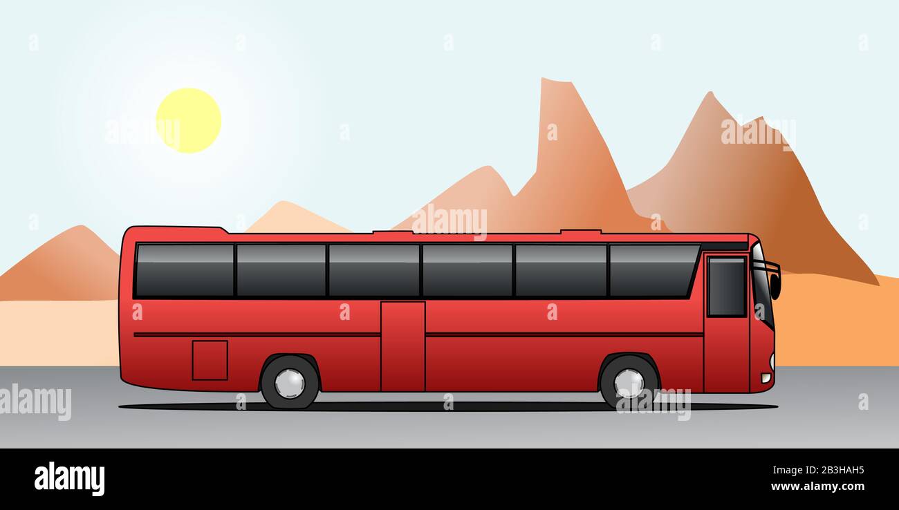 Busfahrt im Urlaub. Busfahrt. Roter Bus Auf Dem Hintergrund Der Berge. Moderne flache Vektorgrafiken. Stock Vektor