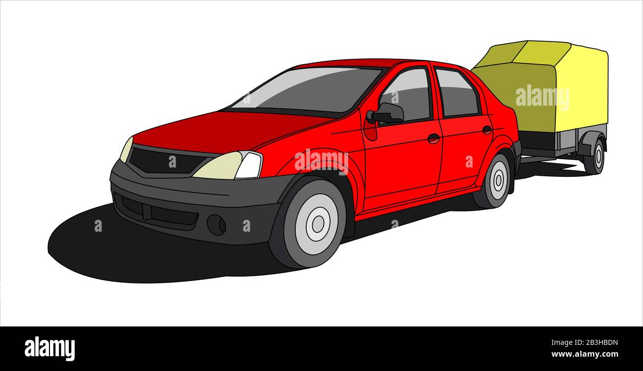 Rotes Auto Mit Anhänger, Vorderansicht, Dreiviertelansicht. Stock Vektor