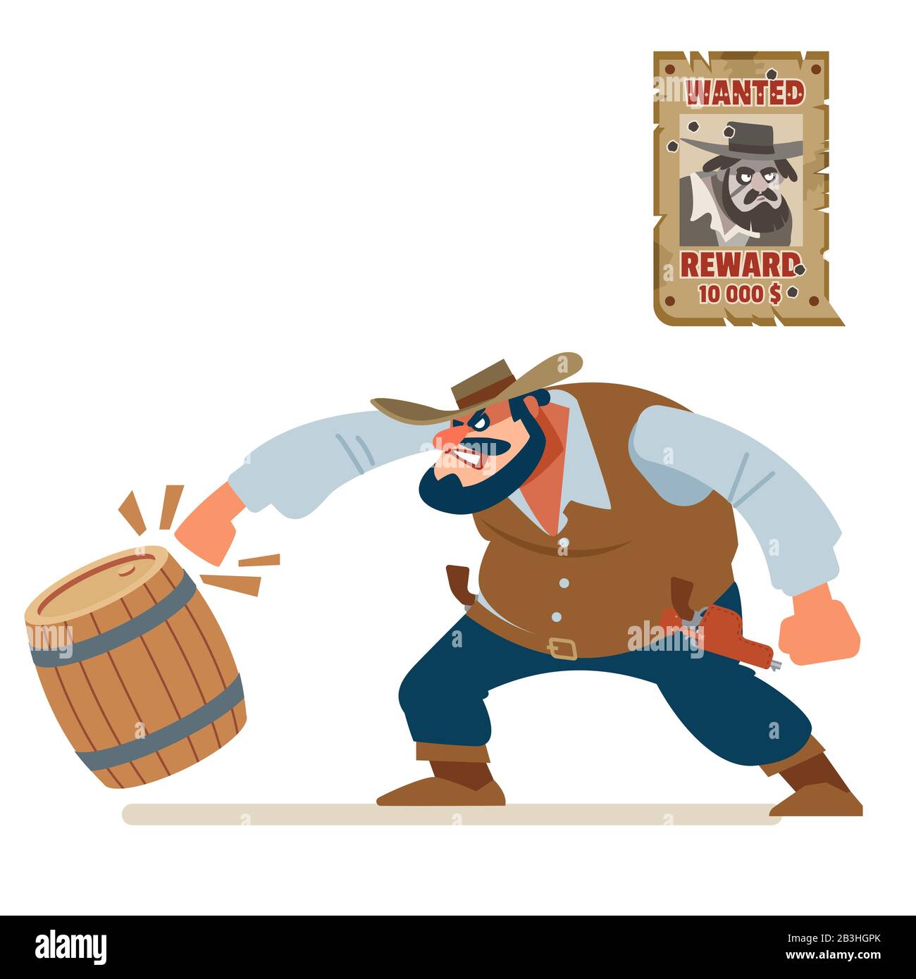 Wütende Cowboy-Bandit zerschmettern alles rund. Alt wild westlich. Cartoon-Vektor-Illustration. Flacher Stil. Isoliert auf weißem Hintergrund Stock Vektor