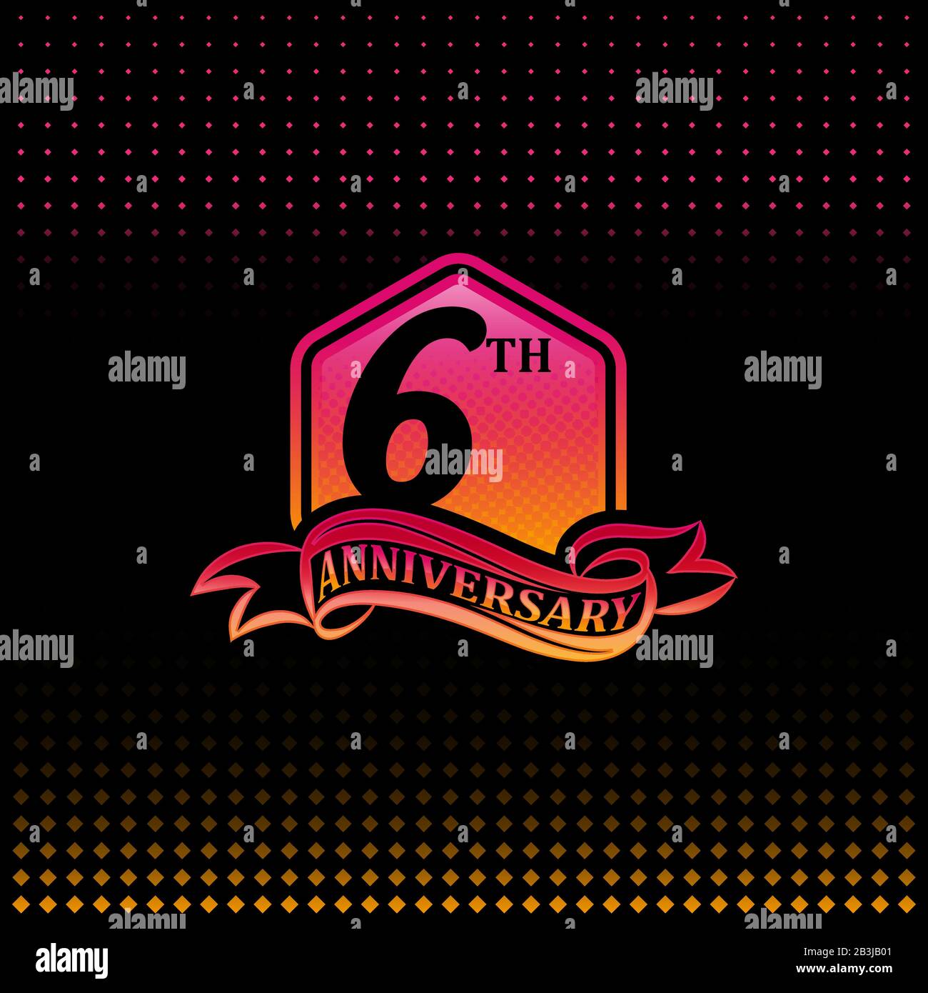 6. Jahrestag Feier Logos pink und gelb gefärbt, sechs Jahre Geburtstags-Logo auf schwarzem Hintergrund. Stock Vektor