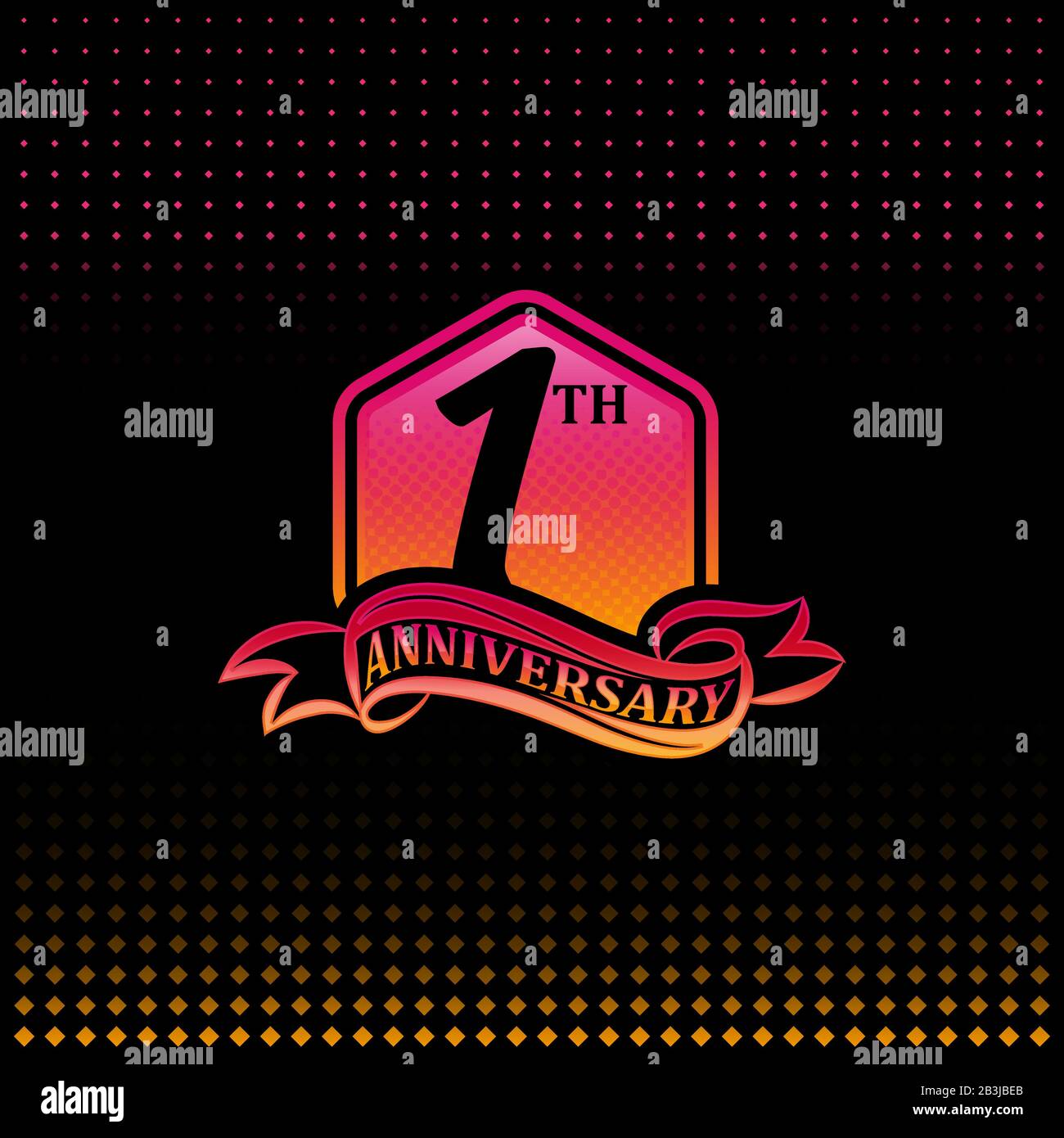 Geburtstags-Logo für die Feier zum 1. Geburtstag, pink und gelb, einjähriges Geburtstags-Logo auf schwarzem Hintergrund. Stock Vektor