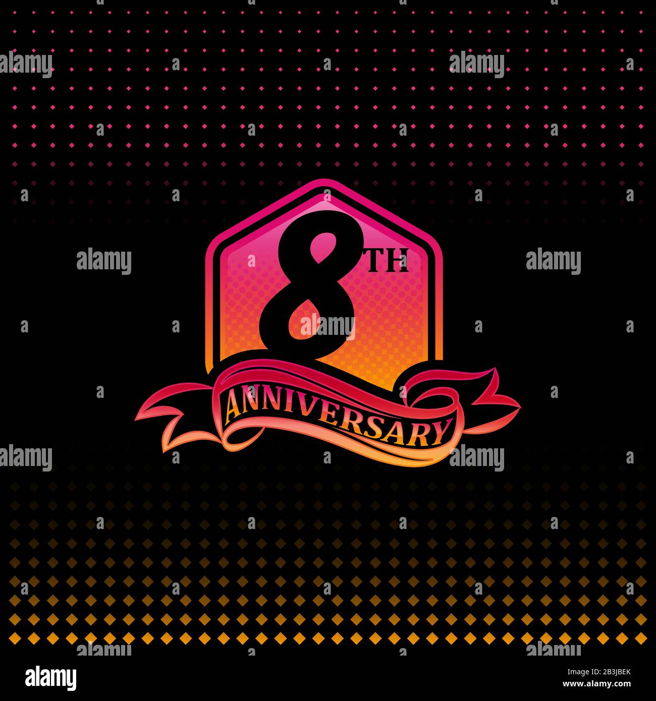 Logo der Feier zum 8. Jahrestag pink und gelb, acht Jahre Geburtstags-Logo auf schwarzem Hintergrund. Stock Vektor
