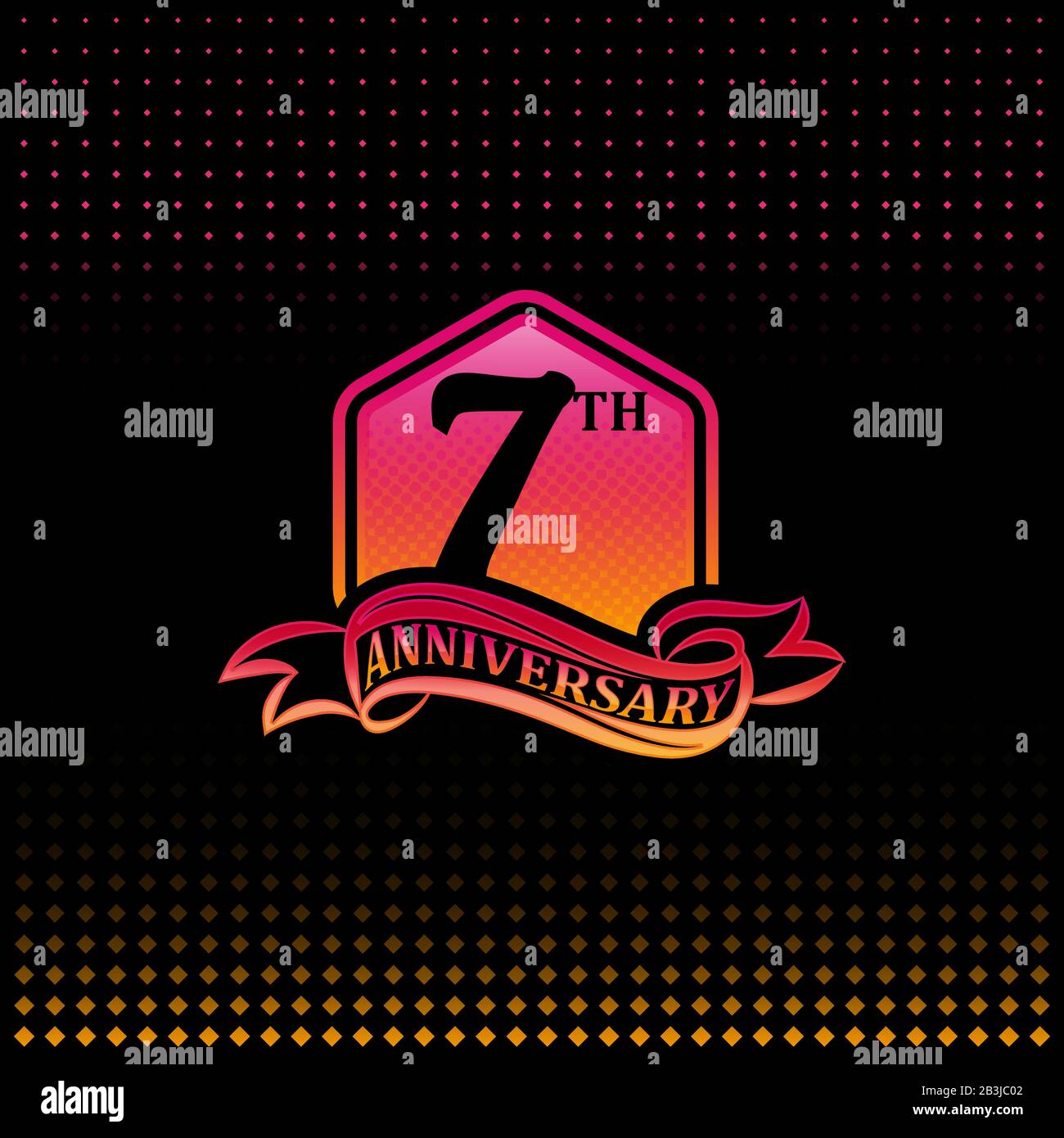 7. Jahrestag Feier Logos pink und gelb gefärbt, sieben Jahre Geburtstags-Logo auf schwarzem Hintergrund. Stock Vektor