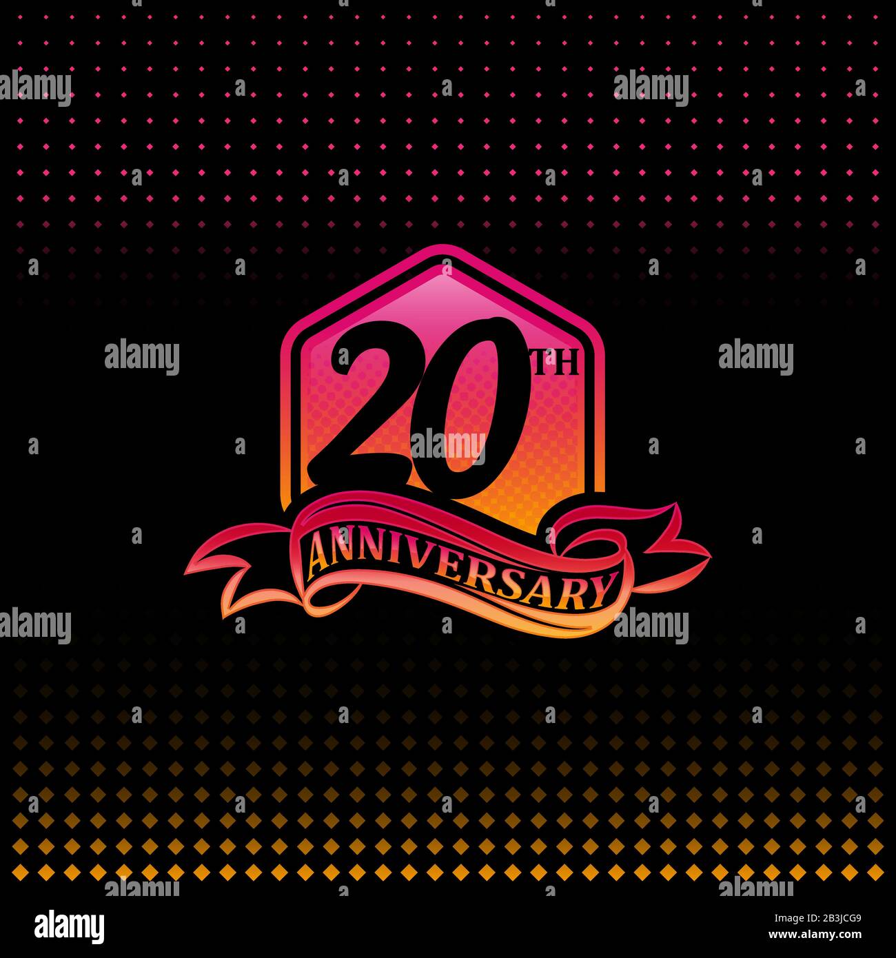 20 Jahre Feier Logo pink und gelb, 20 Jahre Geburtstags-Logo auf schwarzem Hintergrund. Stock Vektor