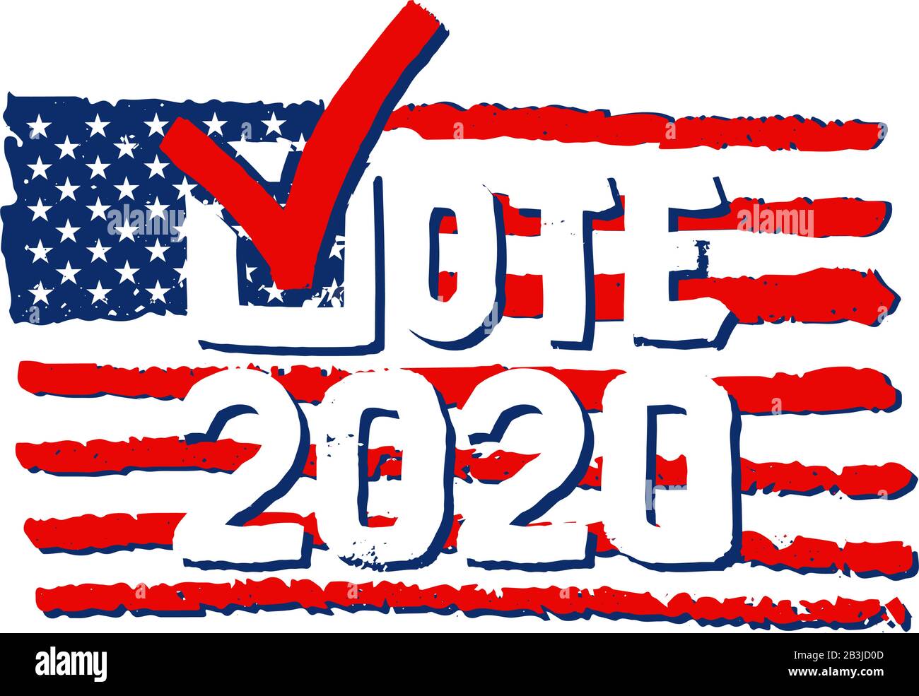 Markieren Sie Vote 2020. US-amerikanische Präsidentschaftswahl 2020. Handgezeichneter Schriftzug isoliert.Wahlwort mit Häkchen.amerikanische Flagge Stock Vektor