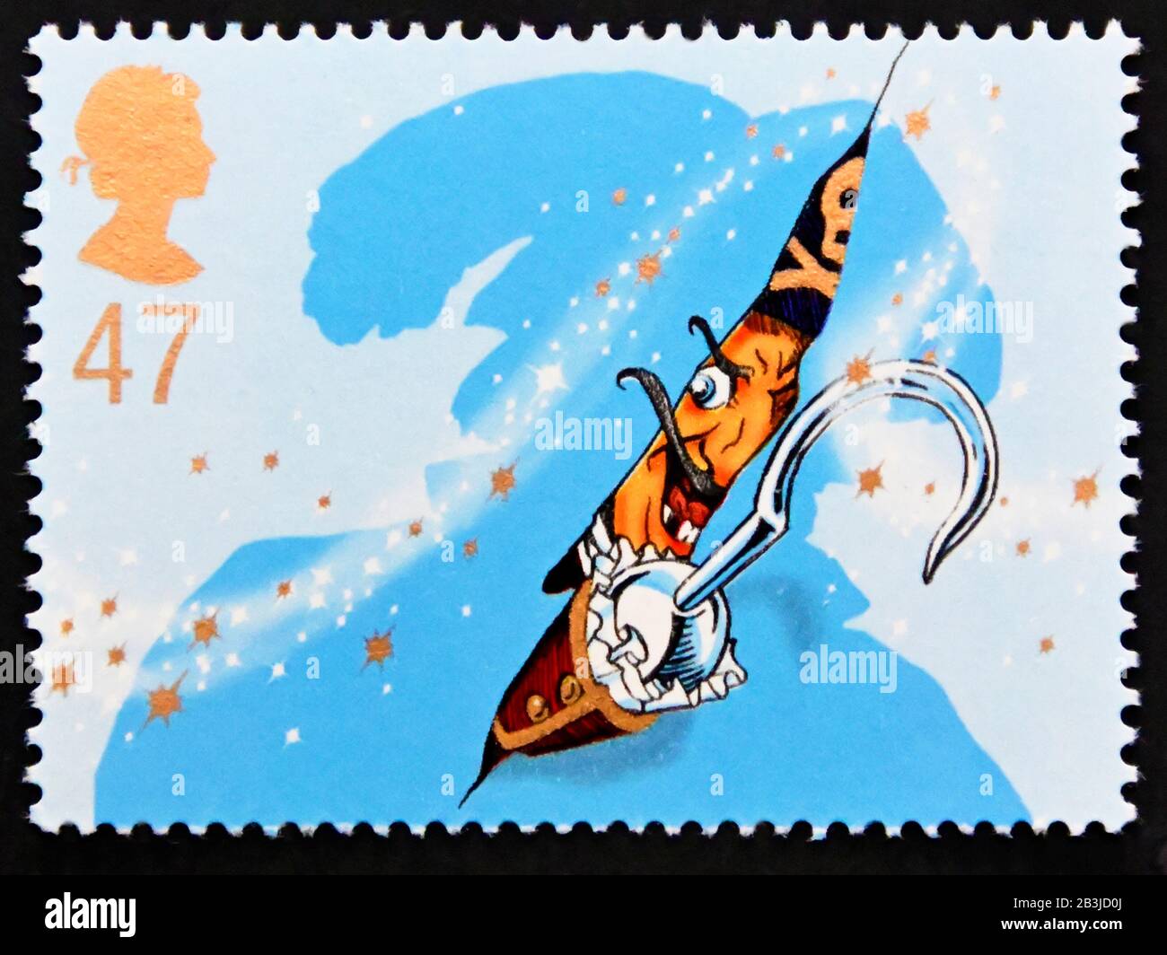 Briefmarke. Großbritannien. Königin Elizabeth II 150 Jahre Great Ormond Street Children's Hospital. Peter Pan von Sir James Barrie. 47p Stockfoto