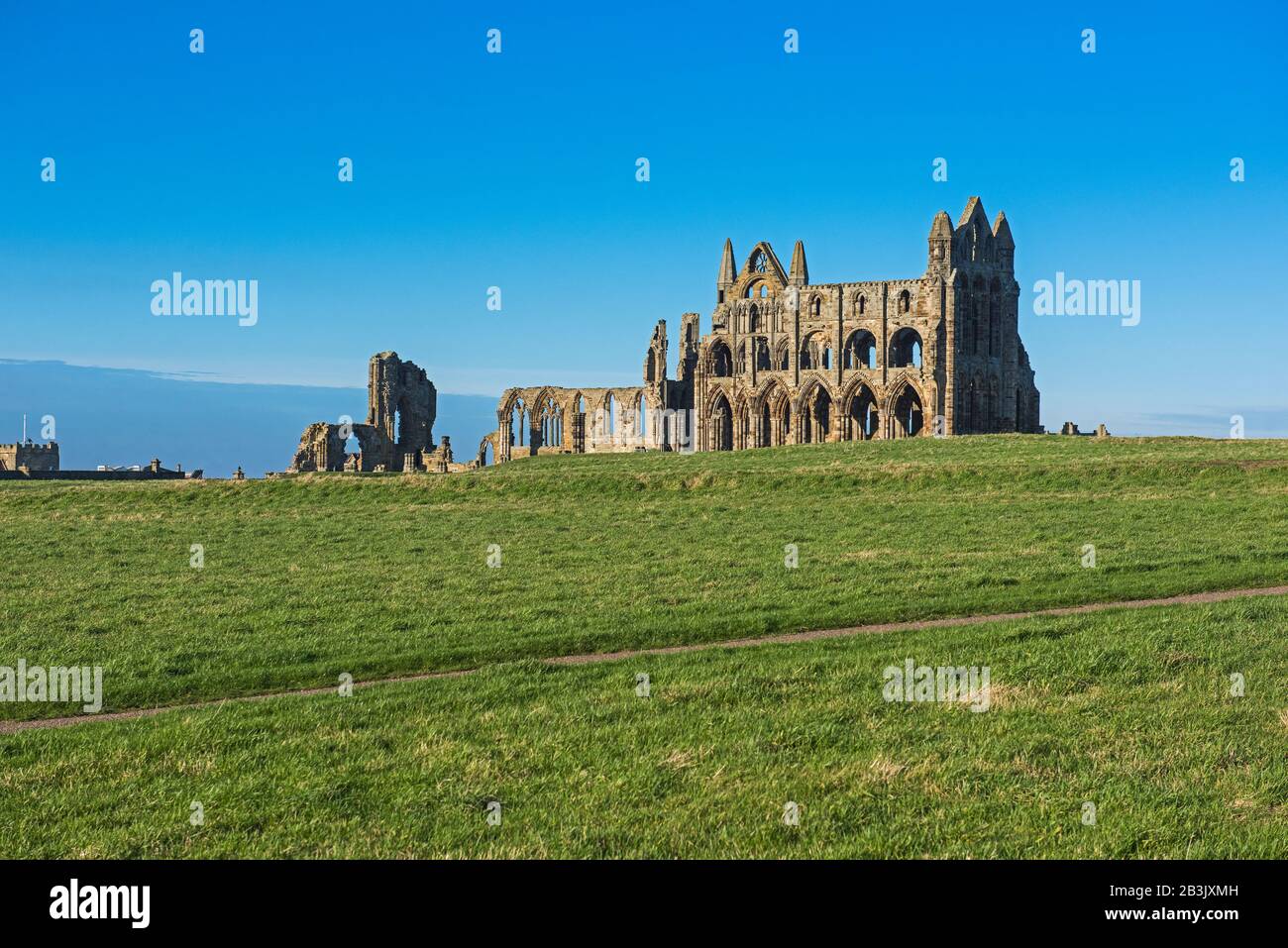 Überreste einer antiken englischen Abteiruine mit gotischer Architektur in ländlicher Landschaft Stockfoto