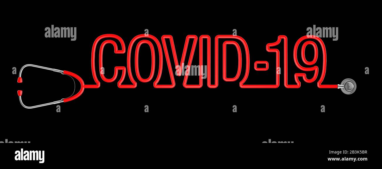 Stethoskop Coronavirus COVID-19/3D-Abbildung des roten Stethoskopschlauchs, der Text bildet Stockfoto
