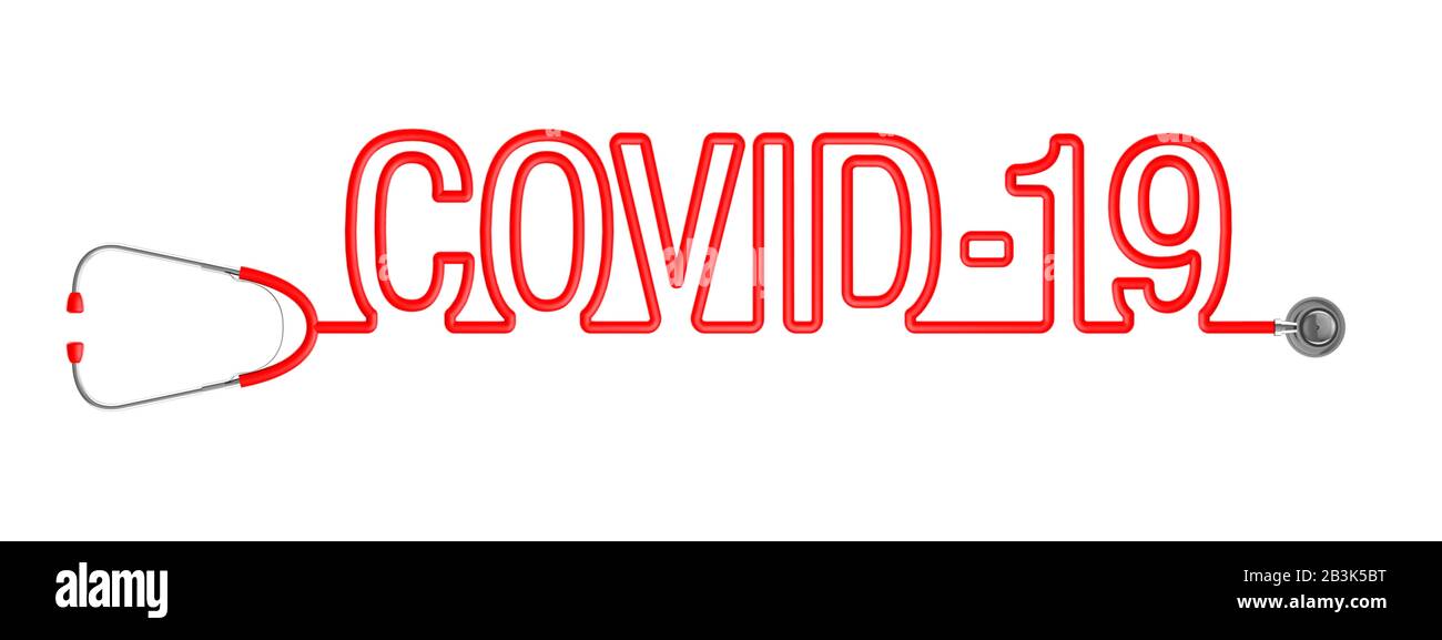 Stethoskop Coronavirus COVID-19/3D-Abbildung des roten Stethoskopschlauchs, der Text bildet Stockfoto