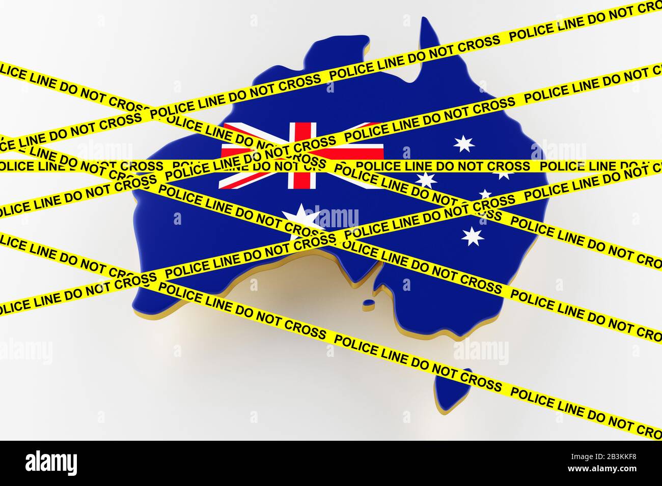 Australien Crime Concept, polizeiliche Ermittlungen. 3D-Karte von Australien. Karte der australischen Landgrenze mit Flagge. 3D-Rendering Stockfoto