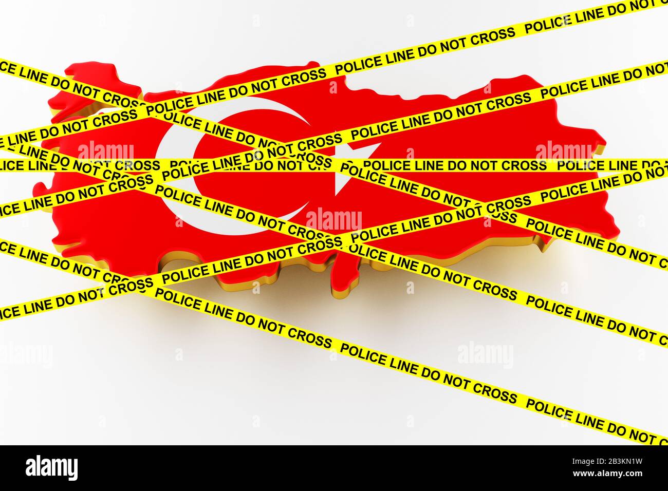 Truthahn-Kriminalkonzept, polizeiliche Ermittlungen. 3D-Karte der Türkei. Karte der Türkei Landgrenze mit Flagge. 3D-Rendering Stockfoto
