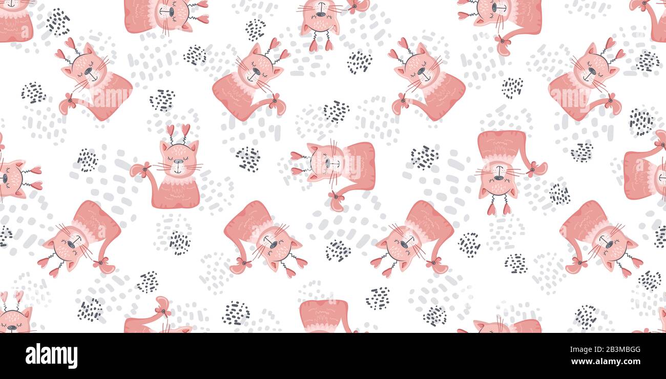Nahtloses Katzenmuster im Kinderzimmer mit niedlichen bunten Kätzchen. Kreative, kindliche weiße und rosa Textur Stock Vektor