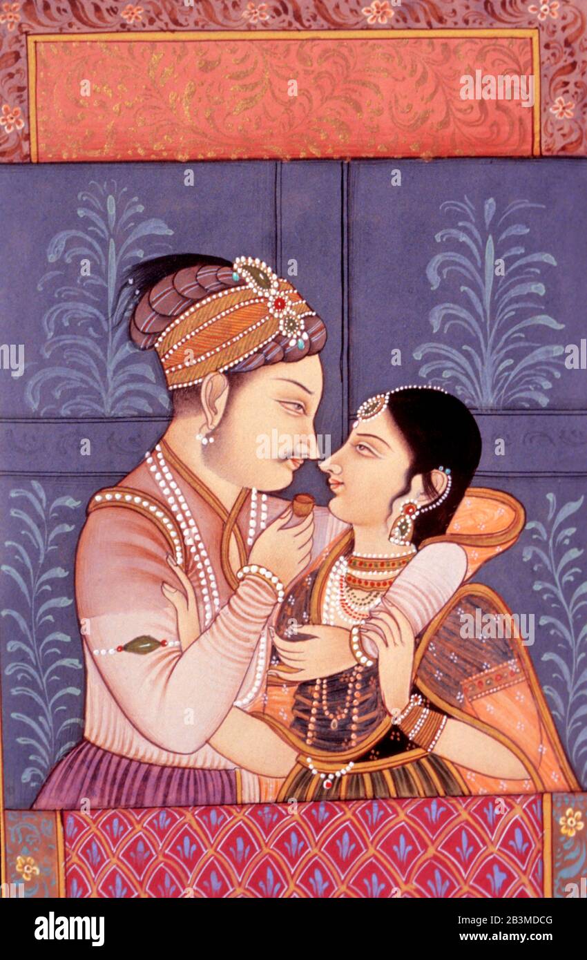 Mogul-Kaiser mit Kaiserin, König und Königin, raja und rani, die die Miniaturmalerei Indien lieben Stockfoto