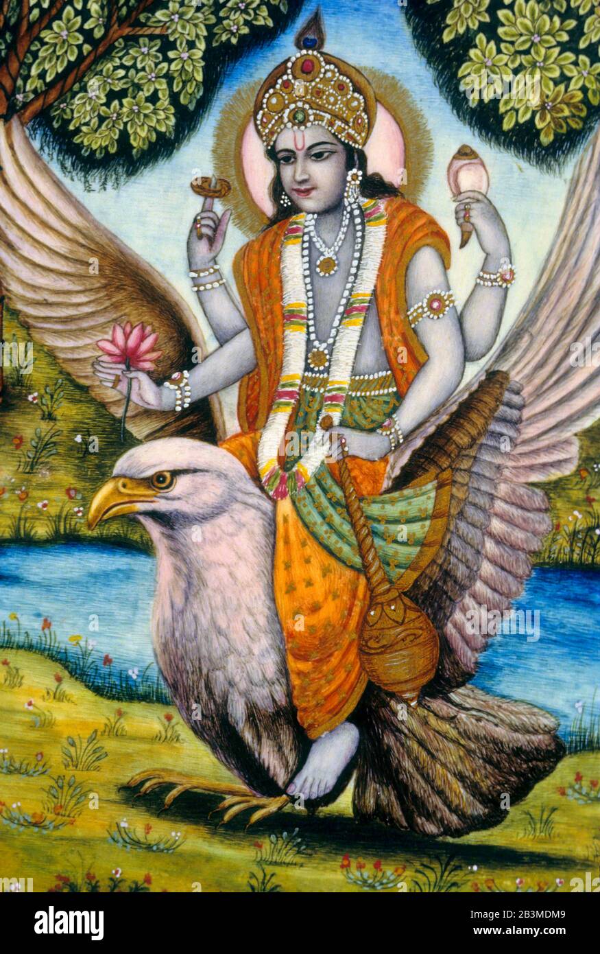 Herr Vishnu sitzt auf Garuda, der Gada-Muschel sudarshan Chakra Lotusblume in vier Händen hält, Indien, Asien Stockfoto