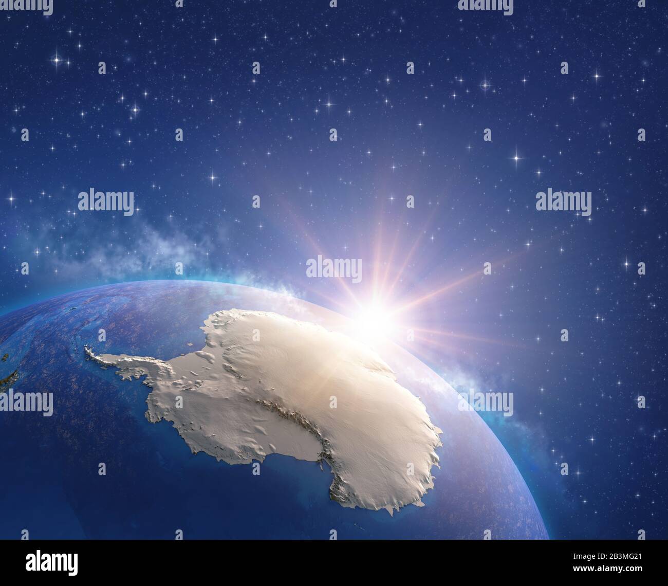 Der Kontinent Antarktis wurde von einem Satelliten aus gesehen, die Sonne steigt am Horizont und Eis schmilzt ab. Physische Karte des Südpols. 3D-Darstellung - Elemente von t Stockfoto