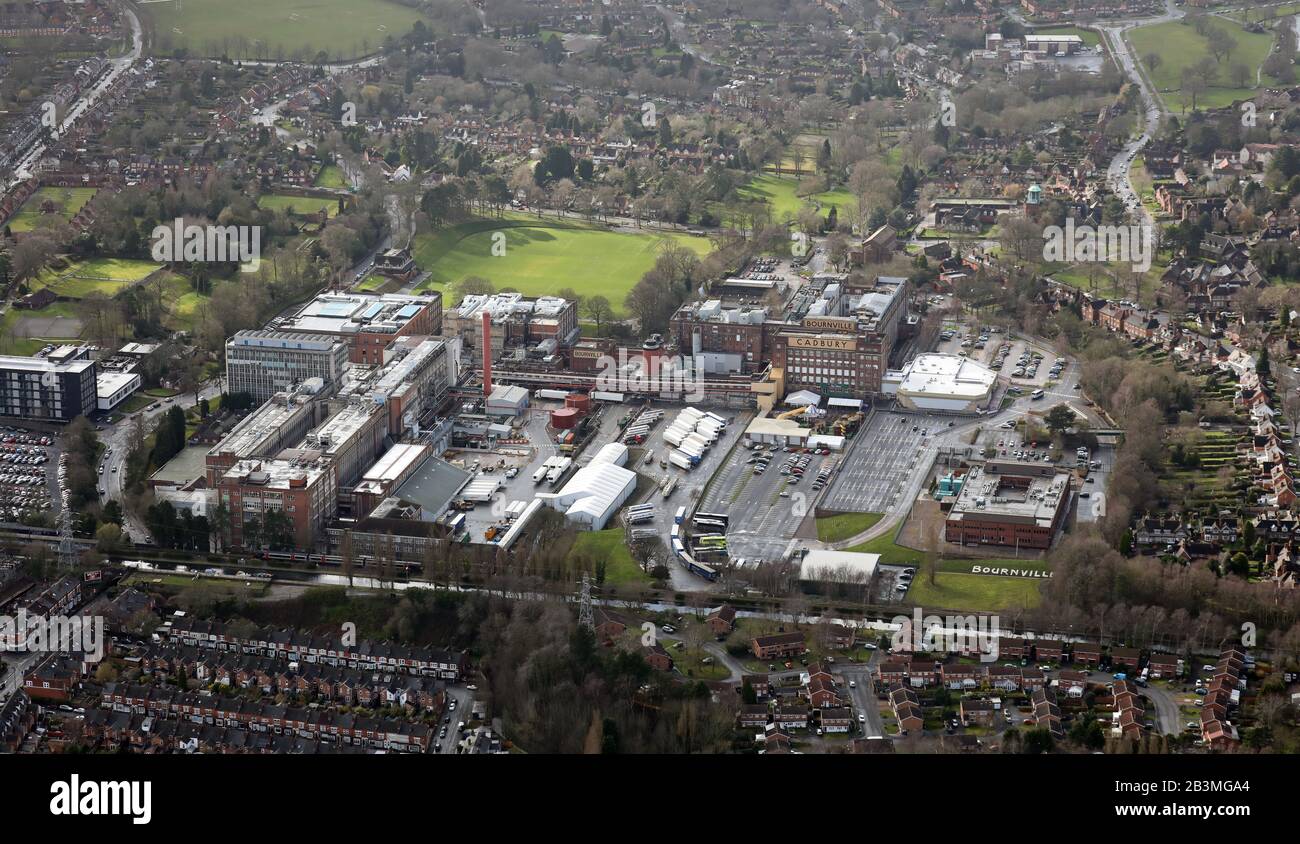 Luftbild der Fabrik in Cadbury, die Bournville Experience &Cadbury World in Bournville, Birmingham, Großbritannien Stockfoto