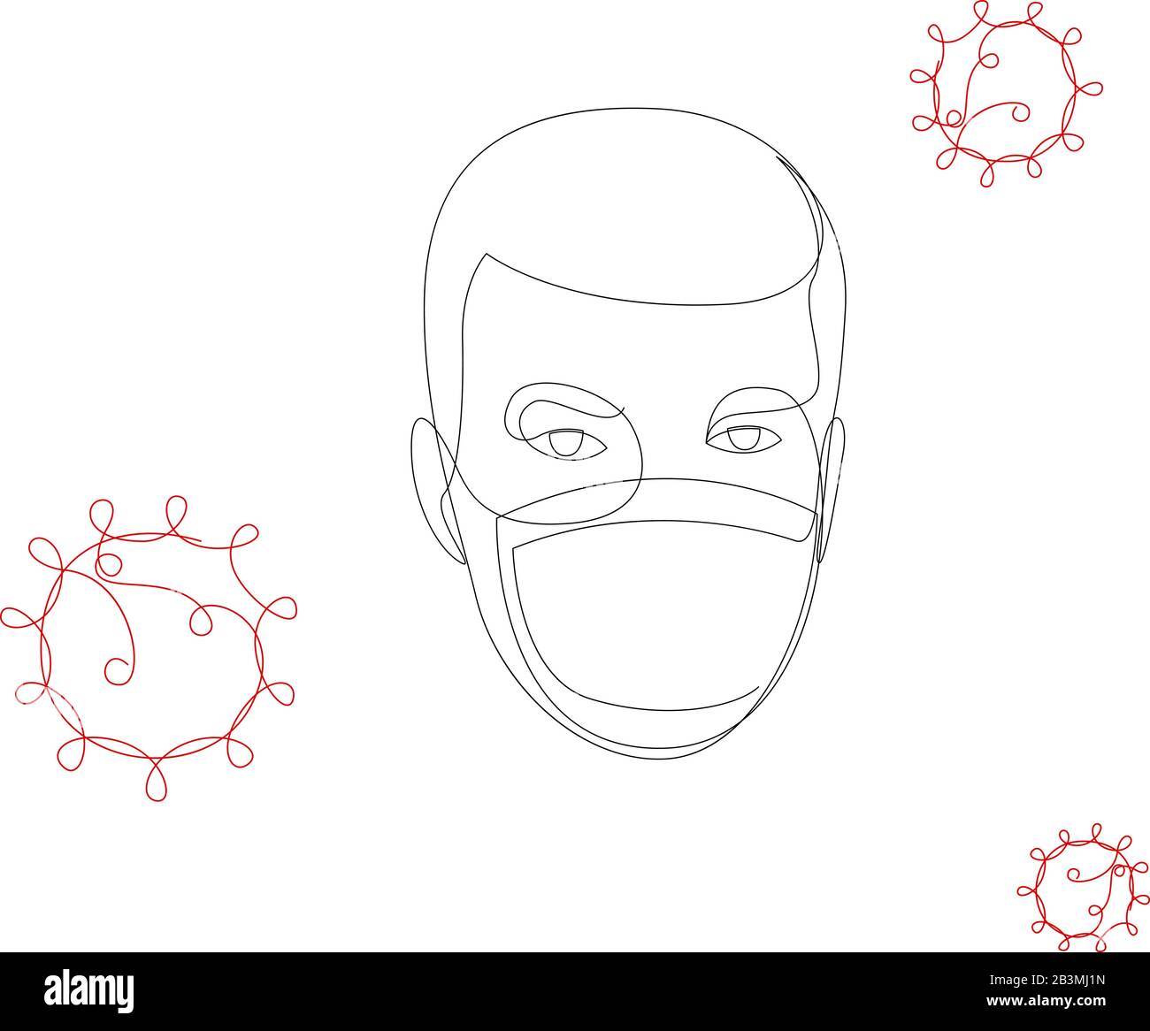 Eine medizinische Gesichtsmaske mit kontinuierlicher Linienzeichnung. Konzept des Coronavirus. Fortlaufende Einzelperson in Maske mit COVID-19-Symbolen. Eine Linie handgezeichnet Stock Vektor