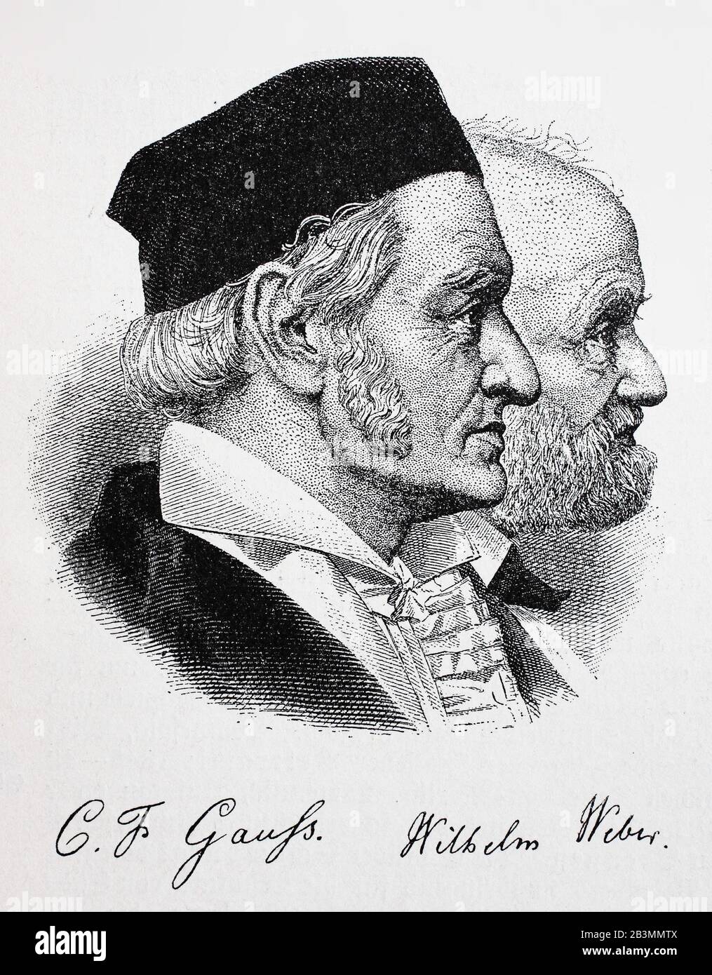 Johann Carl Friedrich Gauß, Carolus Fridericus Gauß, 30. April 1907 - 23. Februar 1855, war ein deutscher Mathematikhistoriker und Physiker und Wilhelm Eduard Weber, 24. Oktober, vom 24. Oktober, bis 23. Juni 1891, deutscher Physiker/Johann Carl Friedrich Gauß, Carolus Fridericus Gauß, 30. April 1777 - 23. Februar 1855, war ein deutscher Mathematiker und Physiker und Wilhelm Eduard Weber, 24. Oktober - 23. Juni 1891, ein deutscher Physiker, historisch, digital verbesserte Wiedergabe eines Originals aus dem 19. Jahrhundert / Digitale Produktion einer Originalanlage aus dem 19. Jahrhunderts Stockfoto